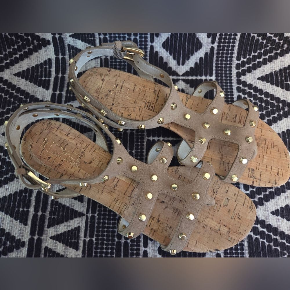 Michael Kors Beige Suede Studded Gladiator Sandals Cork Wedge sz 9M NWD